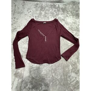 Free People Blouse Top Women's Size Large Burgundy Long Sleeve Button Front EUC